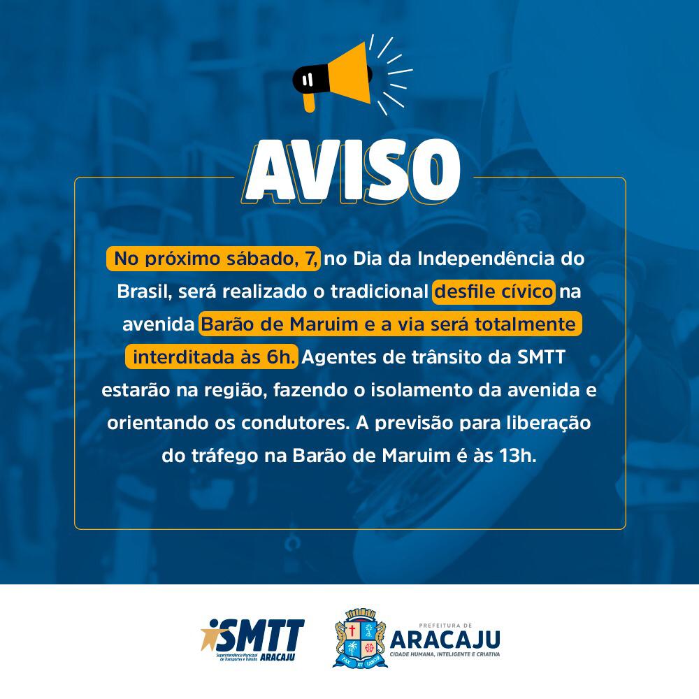 Trânsito na avenida Barão de Maruim será alterado neste sábado, 7 - SMTT Aracaju